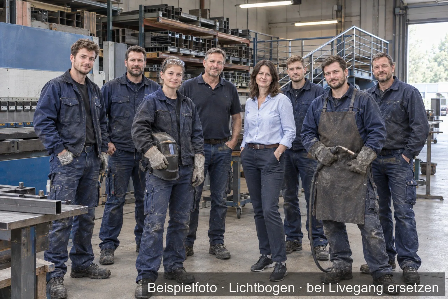 Gruppe von acht Menschen in Arbeitskleidung in einer Metallwerkstatt.